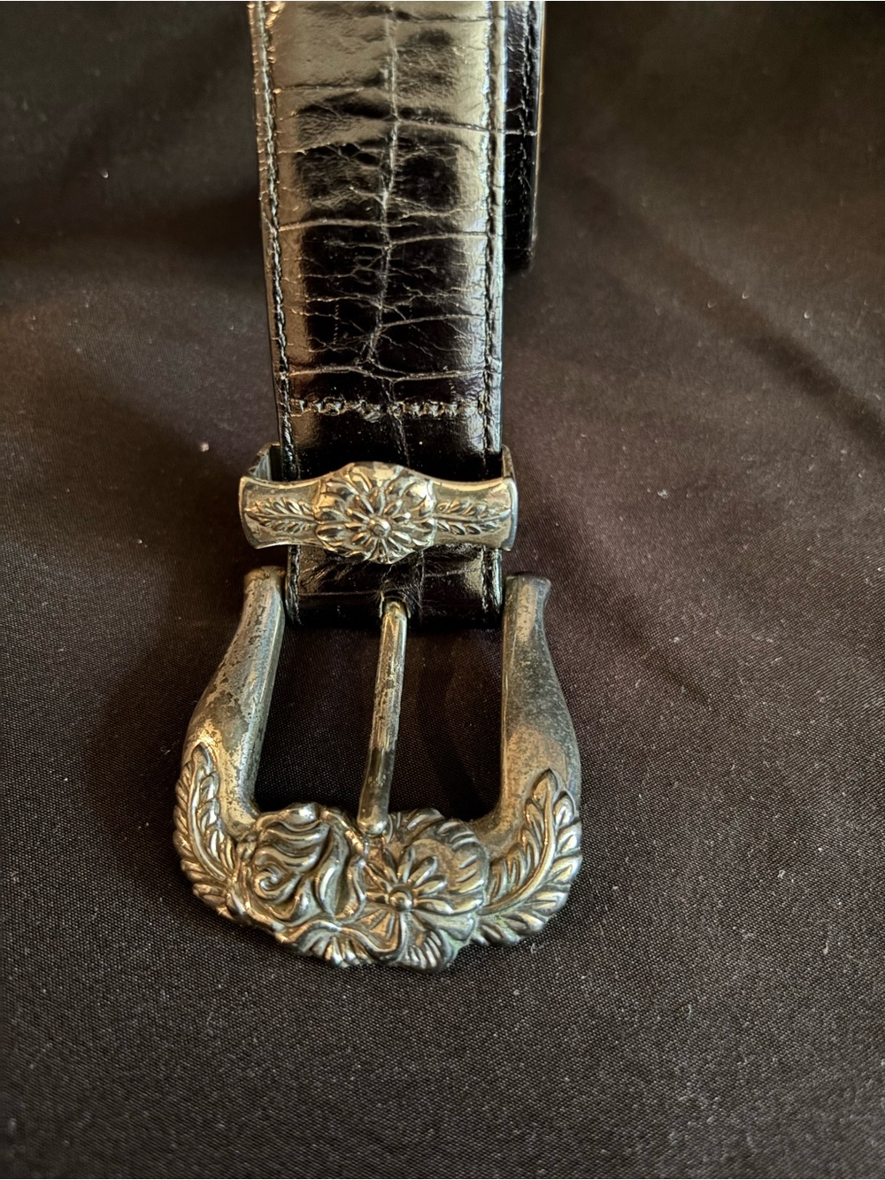 Brighton Black Leather Belt with Floral Engraved Silver Buckle
